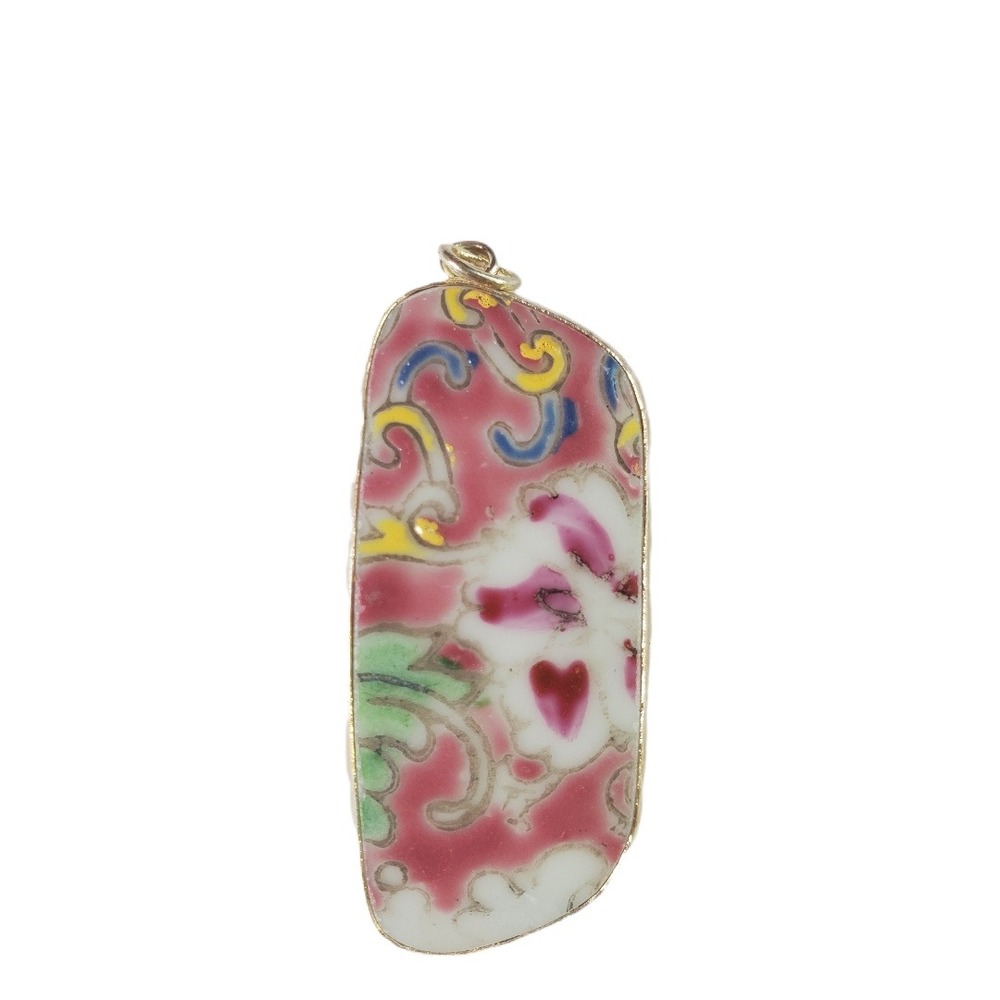 Vintage Porcelain Floral Pottery Shard Pendant Pink Repurposed China Jewelry DIY